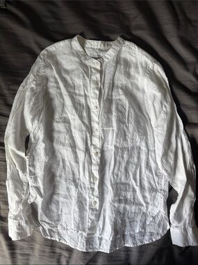 Muji White Linen Button-Down Band-Collar Shirt